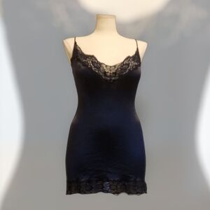 Honeybee Elegant Black Lace Trim Chemise Slip Dress
